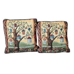 2 Vtg Mohawk Home Tapestry‎ Throw  Pillows, Birdhouse Scene Granny Cottagecore